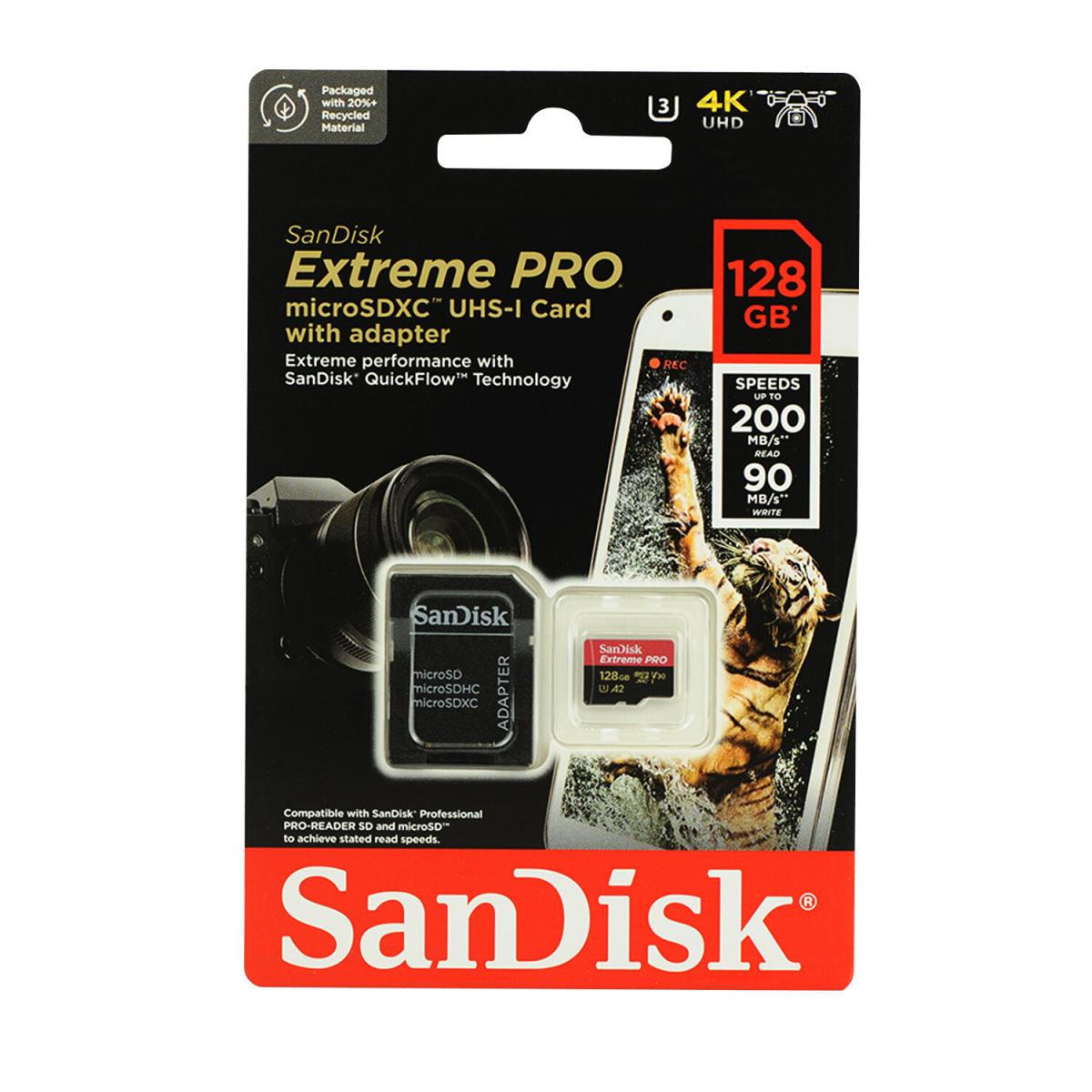 SanDisk 128GB Extreme PRO® microSD™ UHS-I Card with Adapter C10, U3, V30, A2, 200MB/s Read 90MB/s Write SDSQXCD-128G-GN6MA SanDisk 128GB Extreme PRO® microSD™ UHS-I Card with Adapter C10, U3, V30, A2, 200MB/s Read 90MB/s Write SDSQXCD-128G-GN6MA
